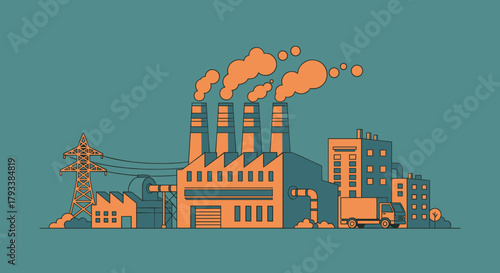Flat design illustration of an industrial factory emitting smoke in an urban environment