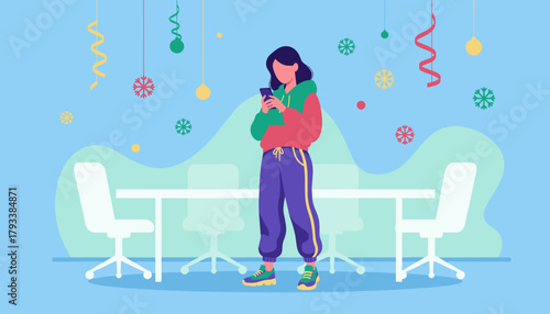 Young woman using smartphone in office meeting room decorated for a party