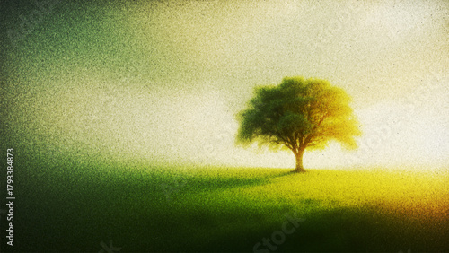 Lonely strong tree standing in glowing field with film grain texture created from thousands of individual dots. Emotional tone blends solitude with gentle optimism, melancholy and quiet confidence