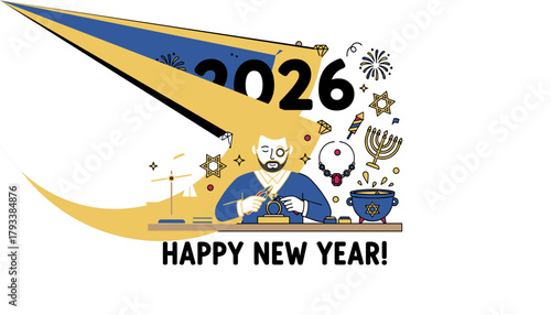 2026 Happy New Year greeting illustration with jeweler diamonds and Jewish cultural symbols