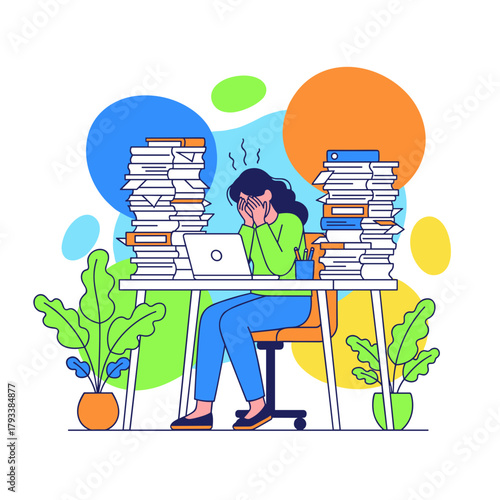 Burnout Stressed woman overwhelmed by towering paperwork piles and deadlines in the office