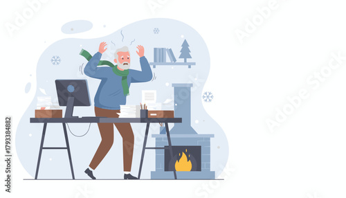 Overwhelmed man stressed by winter deadlines and heavy paperwork in a cold office