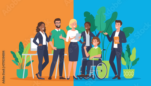 Diverse team collaborating in an inclusive modern office Workplace unity and equity