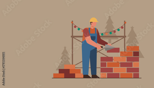 Bricklayer works on a winter construction site with festive lights and snow falling