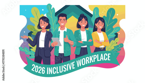 Diverse team standing together under an Inclusive Workplace 2026 banner