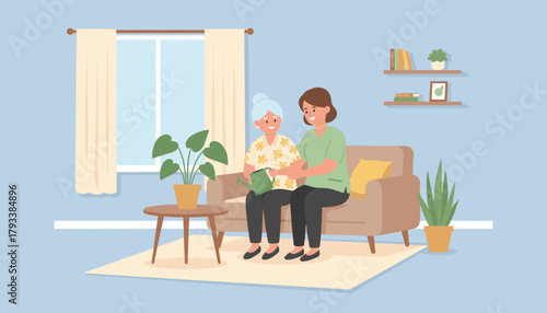 Elderly care Caregiver assists senior woman with planting activity at home