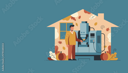 Industrial work from home man uses CNC milling machine inside house silhouette during autumn
