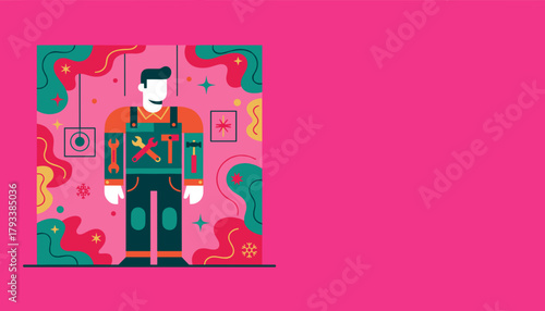 Professional handyman illustration with wrench and hammer on a vibrant pink background