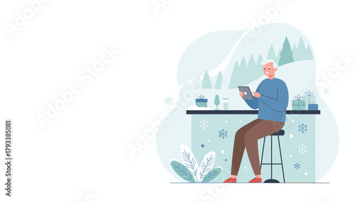 Senior man using a tablet at a festive snowy bar enjoying winter holidays and technology