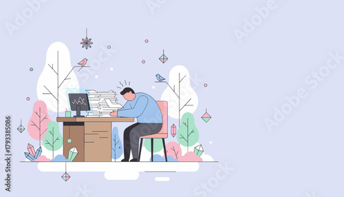 Overworked employee facing burnout Stressed man overwhelmed by huge pile of paperwork and office workload