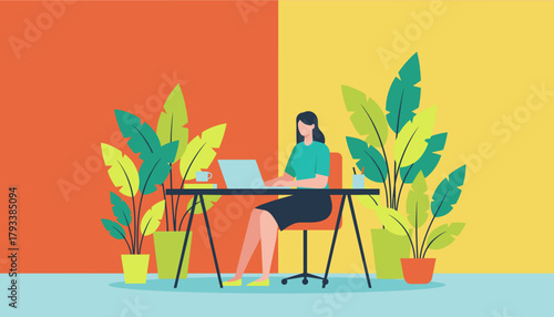 Woman works on laptop in a vibrant plantfilled home office illustration