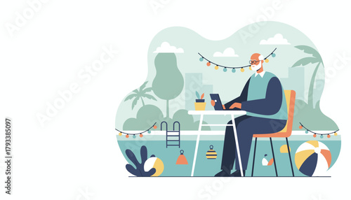 Elderly man working poolside on laptop embracing remote work and modern retirement