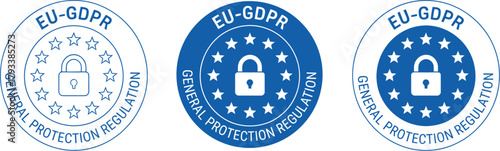 EU GDPR General Data Protection Regulation badge vector set with European stars and padlock icon for digital compliance.