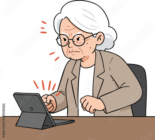 Elderly woman experiencing wrist pain using digital tablet in office setting vector illustration 