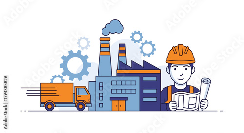 Engineer with plans overseeing factory operations and logistics illustration