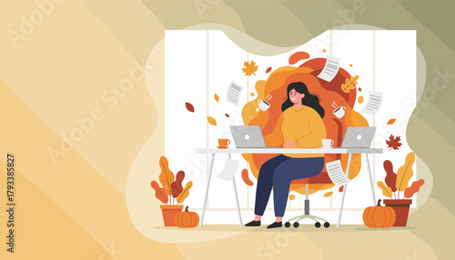 A happy woman working remotely on her laptop in a cozy autumn home office environment