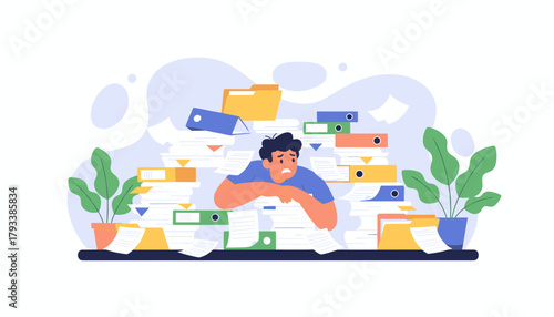 Stressed man overwhelmed by huge workload paperwork and documents in the office Deadline pressure