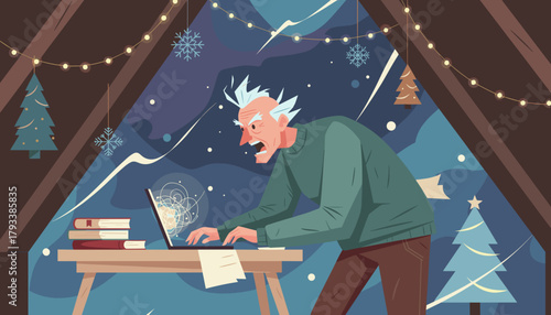 Frustrated senior man screams at his laptop in a cozy Christmasdecorated attic room