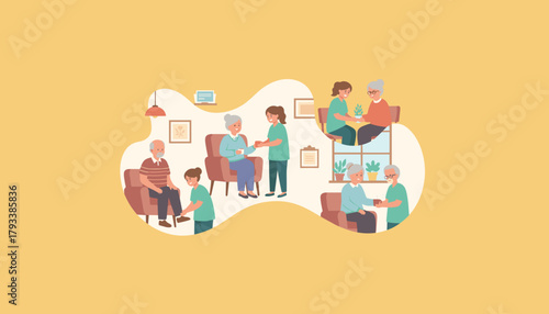Caring for seniors Nurses assist elderly residents in an assisted living facility Home care concept
