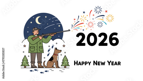 Hunter dog and rifle celebrate Happy New Year 2026 with colorful fireworks explosion
