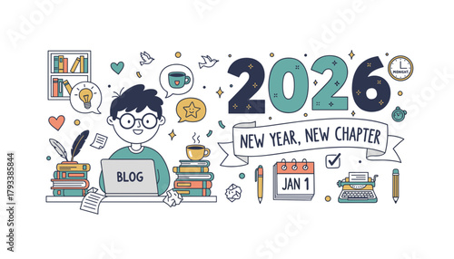 New Year 2026 goals Blogger writing and planning a fresh start Handdrawn doodle illustration