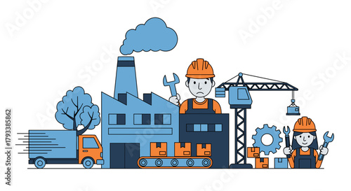 Industrial factory production logistics and labor workforce vector illustration