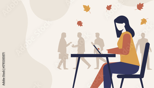 Remote worker using laptop outside during fall season amidst busy city life