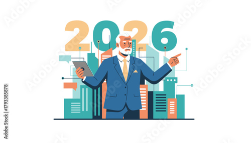 Senior businessman planning future strategy for 2026 amidst urban growth using digital tech