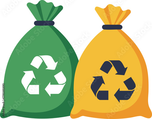 Green and yellow recycling bags with recycle symbols for waste separation and environmental care vector illustration 