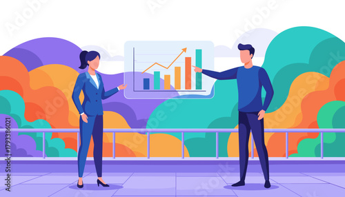 Business team analyzing market growth statistics on a balcony Data presentation and success strategy