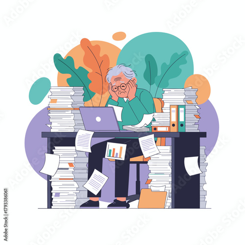 Stressed older businessman overwhelmed by mountains of paperwork struggling with excessive work