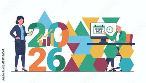 Corporate women planning 2026 goals Future strategy financial growth and time management illustration