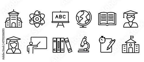 Editable Education Line Icon Set. Modern thin line style vector illustrations for school icons: subjects, supplies, science, and online learning. Transparent background. Editable stroke.