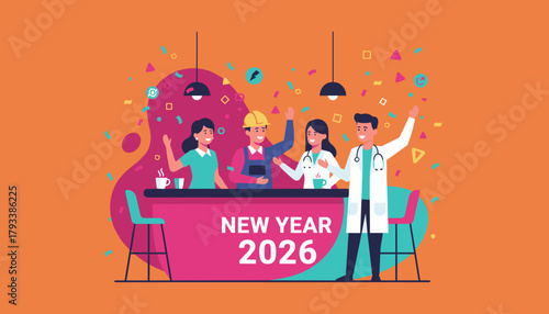Happy professionals from various careers celebrating New Year 2026