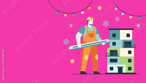 Construction worker near a new building with festive winter decorations on a pink background