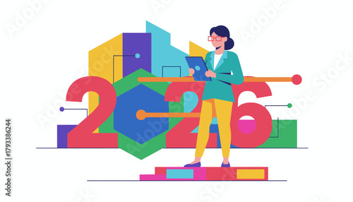 Strategy planning for 2026 Businesswoman with tablet analyzes data among colorful geometric graphics
