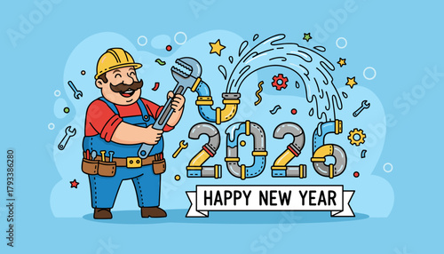 Happy New Year 2026 plumber cartoon Industry greeting illustration with pipes water and tools