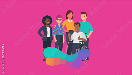 Diverse inclusive team and colleague in wheelchair smiling Corporate equality concept