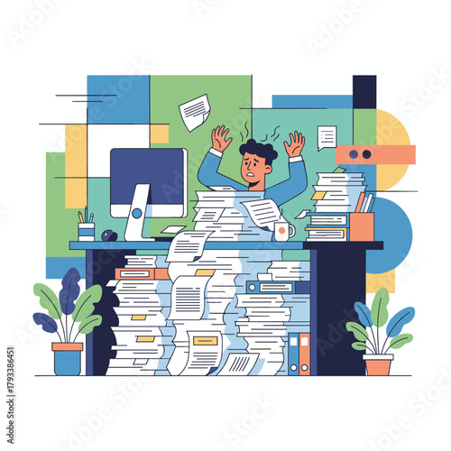 Stressed businessman overwhelmed by towering stacks of paperwork and documents at the office desk
