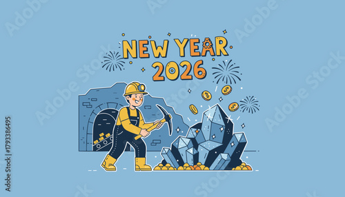 Happy New Year 2026 crypto mining concept Miner finds success digital currency and wealth illustration