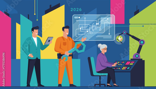 Future of work Diverse team manages technology robotics and smart industry systems