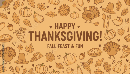 Happy Thanksgiving background illustration with festive fall icons pumpkins and turkeys