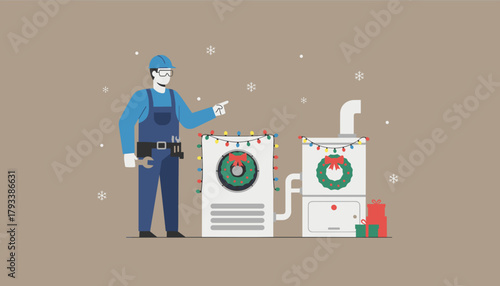 HVAC repairman servicing a Christmasdecorated furnace during winter holidays Heating maintenance concept