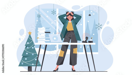Stressed woman overwhelmed by work deadlines during the festive holiday season in the office