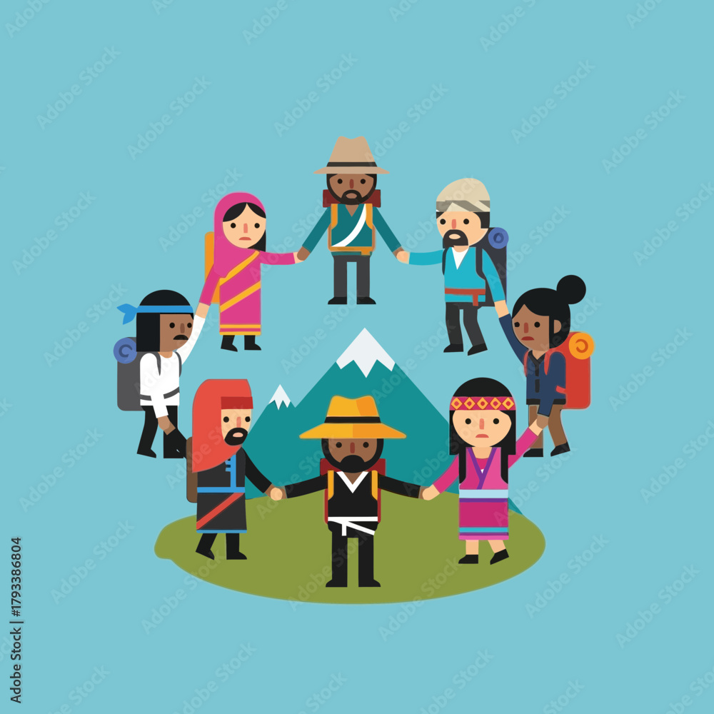 Fototapeta premium Diverse people stand in a circle holding hands around a small mountain illustration.
