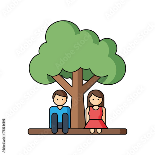 A man and woman sit beneath a tree. They appear to be resting.