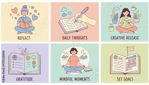 Selfcare and mental health illustration set journaling goal setting gratitude and mindful moments