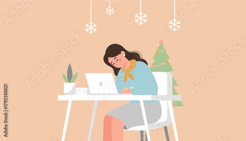 Tired businesswoman sleeping on her laptop at the office desk during the holiday rush