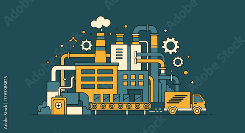 Industrial manufacturing plant vector illustration with conveyor belt delivery truck and production process
