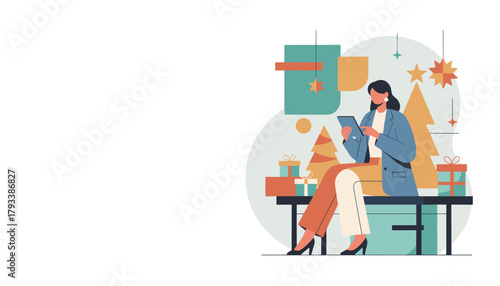 Modern businesswoman checking tablet with holiday decorations Christmas work and commerce